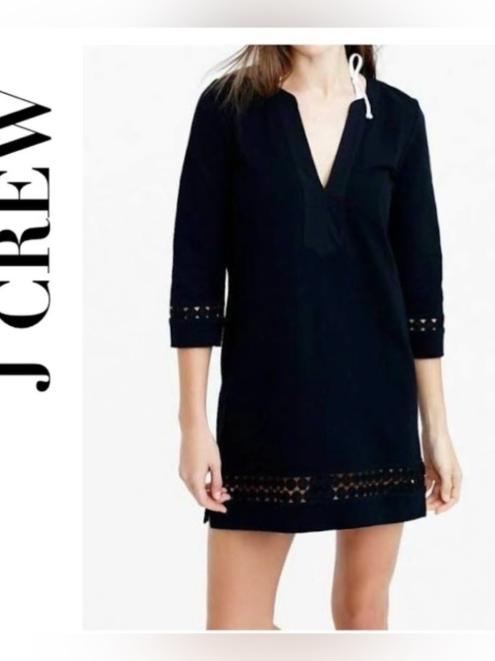 J.Crew Black Cotton Tunic Dress Crochet Trim Beach Cover Up S